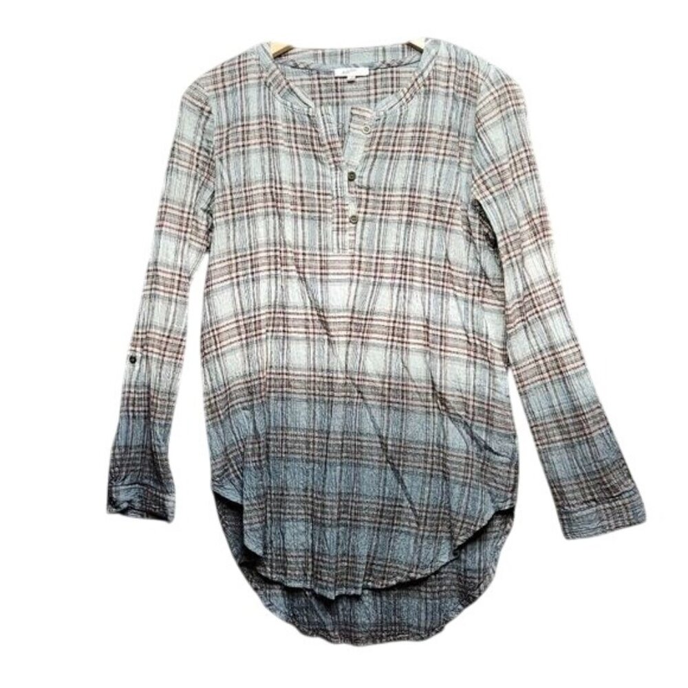 Mystree Anthropologie Plaid Long Sleeve Henley Tunic Top  Womens Small